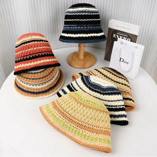 Korean New Striped Beach Vacation Fisherman Hat Gradient Versatile Round Top Beach Sun Protection and Sunshade Hat