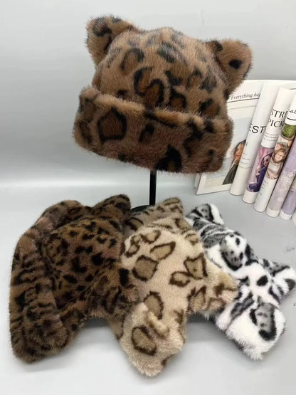 Korean Winter Imitation Fur Bucket Hat For Women Fashion Leopard Print Fisherman Hats Thichen Warm Plush Outdoor Cute Basin Cap