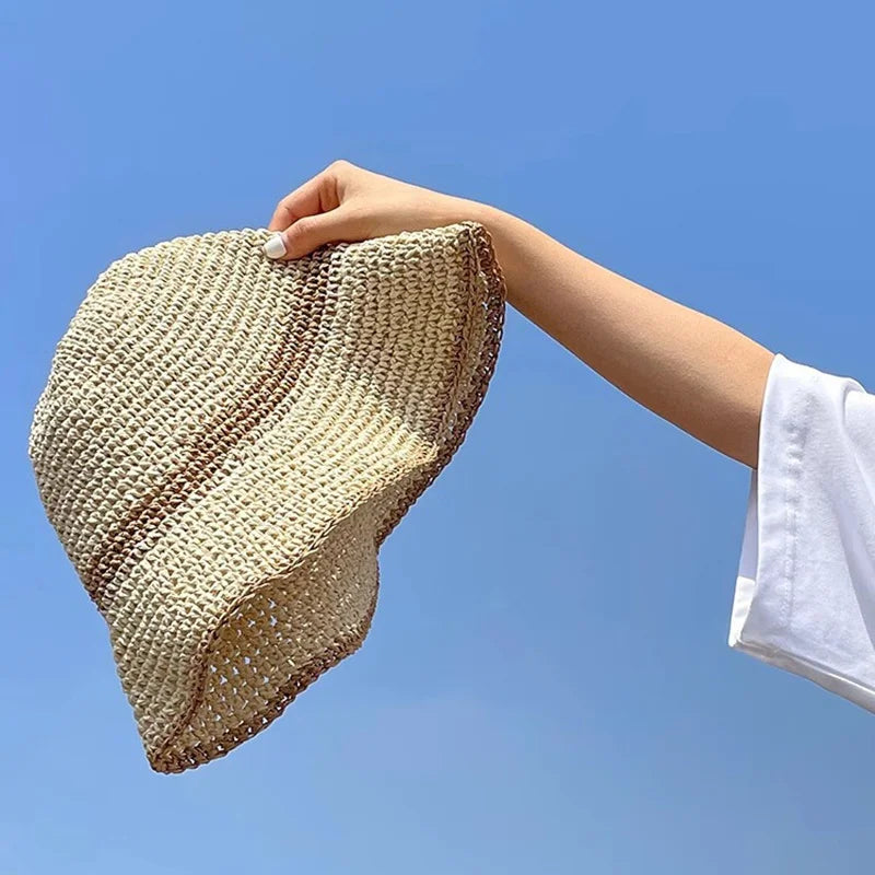 Unisex Wavy Brim Straw Hat – Foldable Beach Bucket Panama Fisherman Sun Hat (Wide Brim)
