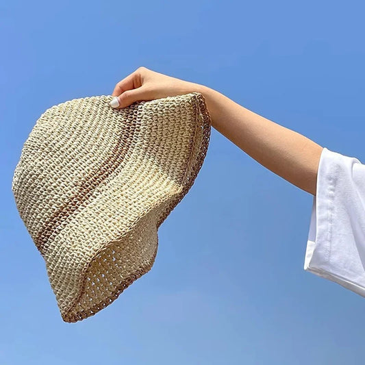 Unisex Wavy Brim Straw Hat – Foldable Beach Bucket Panama Fisherman Sun Hat (Wide Brim)