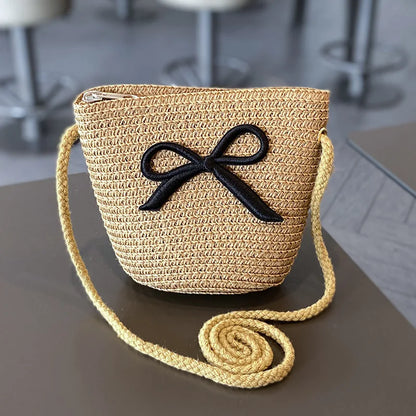 Summer Straw Hat And Shoulder Bag Set For Girls Baby Children Empty Top Sun Hat Large Brim Bowknot Outdoor Beach Visor Sun Cap