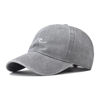 Unisex Washed Cotton Baseball Cap – Wave Embroidery Vintage Dad Hat Snapback