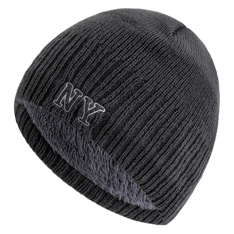 New Style Unisex Autumn/Winter Hats Plush Fur Lined Men Women Warm Beanie Cap Casual NY Printing Winter Ski Knitted Hats