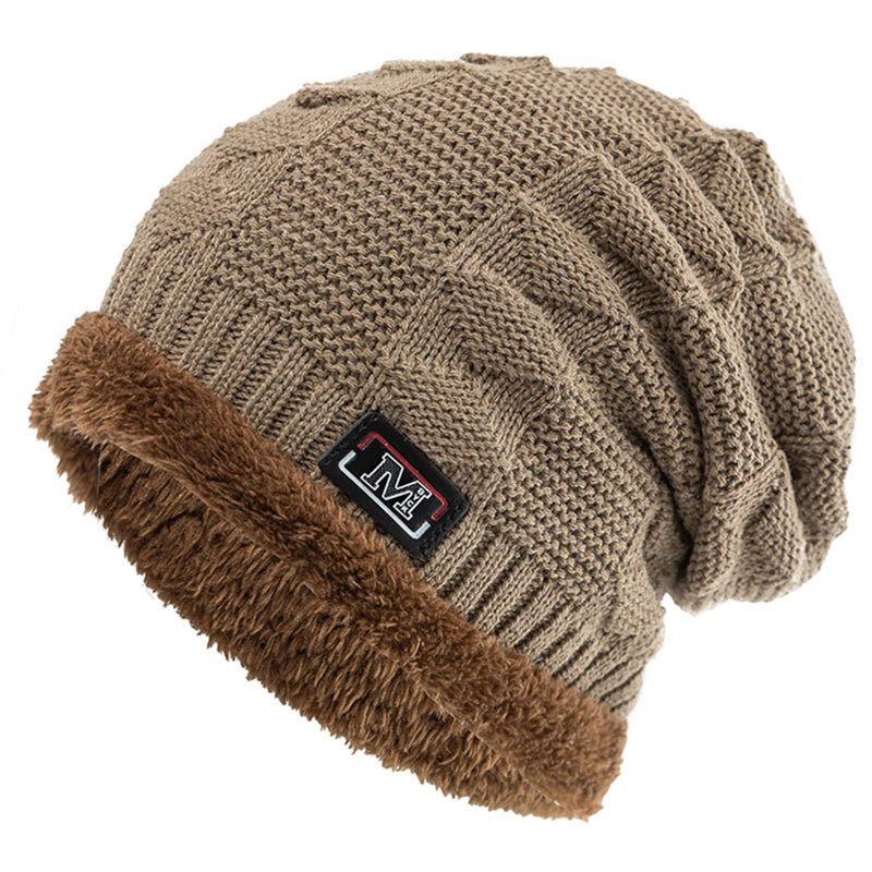 New Unisex Warm Winter Hat Fashion M Letter Label Knitted Hats For Men & Women Add Fur Lined Thick Ski Beanie Bonnet Cap