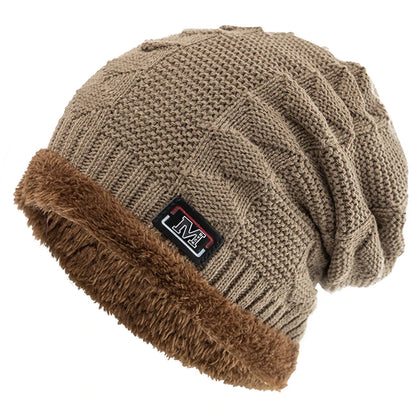 New Unisex Warm Winter Hat Fashion M Letter Label Knitted Hats For Men & Women Add Fur Lined Thick Ski Beanie Bonnet Cap