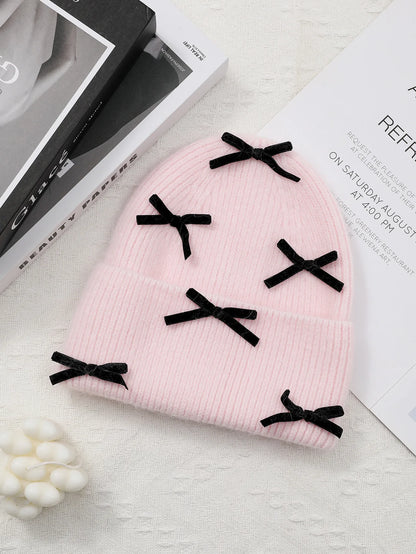 Luxury Rabbit Fur Knitted Hat Women Winter Warm Soft Bowknot Beanie For Women (elegant Solid Colors) | Cozy Fur Lined Baggy Cap