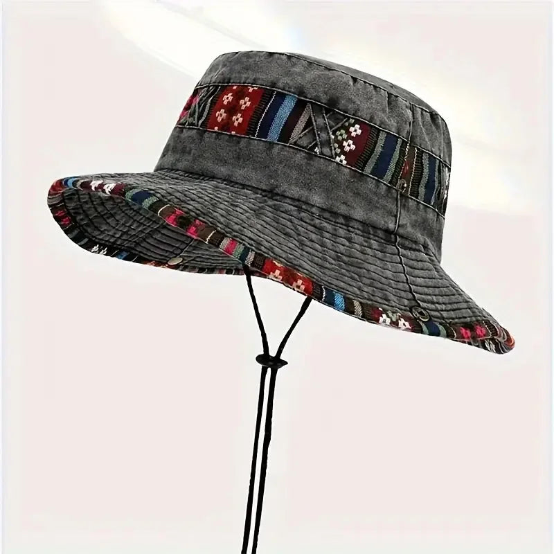 Retro Cotton Versatile Colorful Brim Bucket Hat, Sporty Adjustable UV Protection Sun Hat, With Chin Strap For Men Women