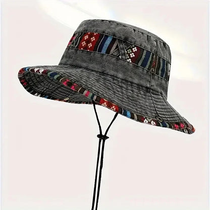 Retro Cotton Versatile Colorful Brim Bucket Hat, Sporty Adjustable UV Protection Sun Hat, With Chin Strap For Men Women