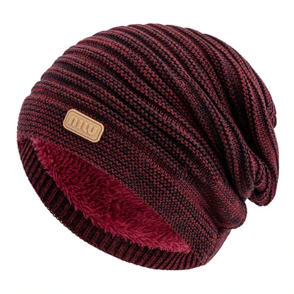 New Style Unisex Slouchy Winter Hats Men Women Striped Mix Warm Beanie Cap NIU Label Decor Plush Fur Lined Winter Knitted Hat