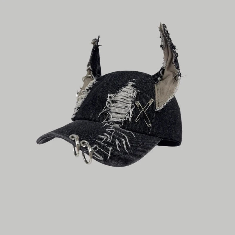 Dark Punk Rabbit Ears Peaked Hat Denim Hole Baseball Cap Women's Trendy Chain Hip-Hop Personalized Abby Style