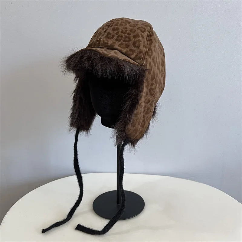 Unisex Leopard Print Winter Bomber Hat – Faux Mink Fur Ski Cap with Ear Protection