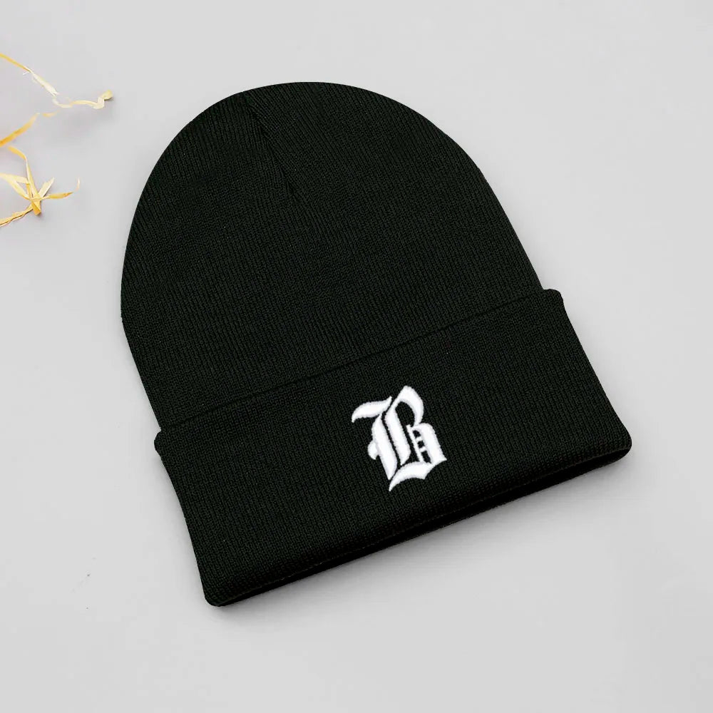 Old English Letter A-Z Embroidered Beanie Hat Unisex Winter Knit Caps for Men Women Soft Ski Hat