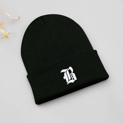 Old English Letter A-Z Embroidered Beanie Hat Unisex Winter Knit Caps for Men Women Soft Ski Hat