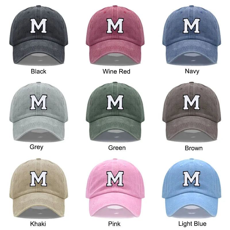 Initial Letter A-Z Embroidery Baseball Cap For Men Womne High Quality Washed Cotton Dad Hats Team Sport Visors Snapback Caps