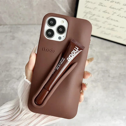 Rhode Lip Gloss iPhone Case – Silicone Makeup Phone Cover with Lipstick Holder