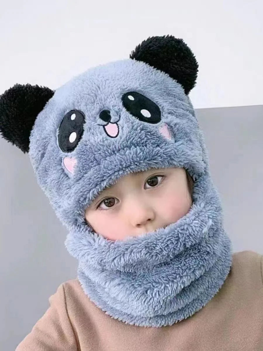 Fashionable Autumn and Winter Cute Childrens Cartoon Scarf Hat Two Piece Set Double Layer Wool Warm Boys and Girls Hat