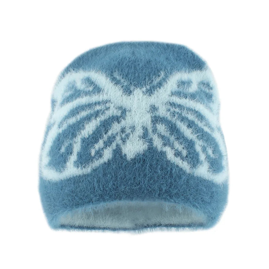 2024 Autumn and Winter New Mink Hair Knitted Hat Female Butterfly Jacquard Thickened Warm Plush Pullover Hat Versatile