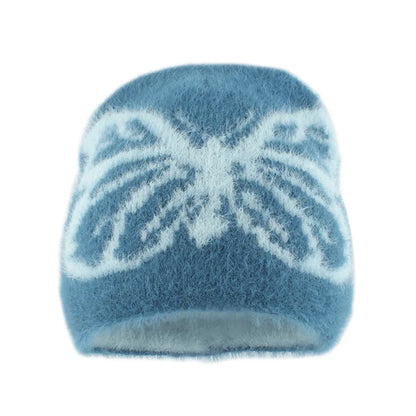 2024 Autumn and Winter New Mink Hair Knitted Hat Female Butterfly Jacquard Thickened Warm Plush Pullover Hat Versatile