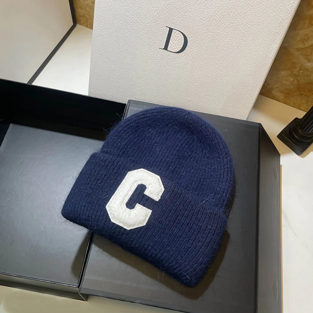 Unisex Fashion C Letter Desig Knitted Hat Winter Autumn Rabbit Fur Beanie Cap Brand Female Thicken Warm Skullies Caps bicycle