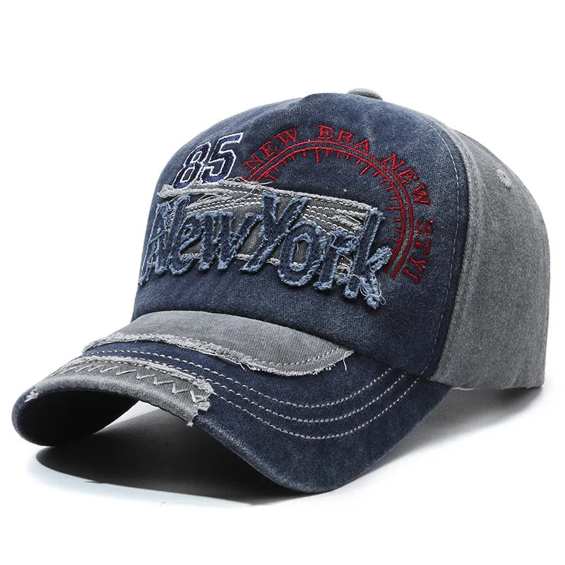 New York Embroidered Washed Distressed Baseball Cap, Polyester, Adjustable Snap Closure, Breathable, Inelastic