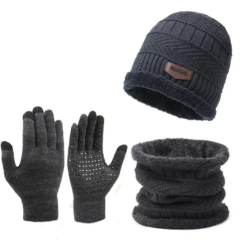 3pcs Winter Warm Set Velvet Knit Hat Scarf Gloves Unisex Outdoor Cold Weather Set