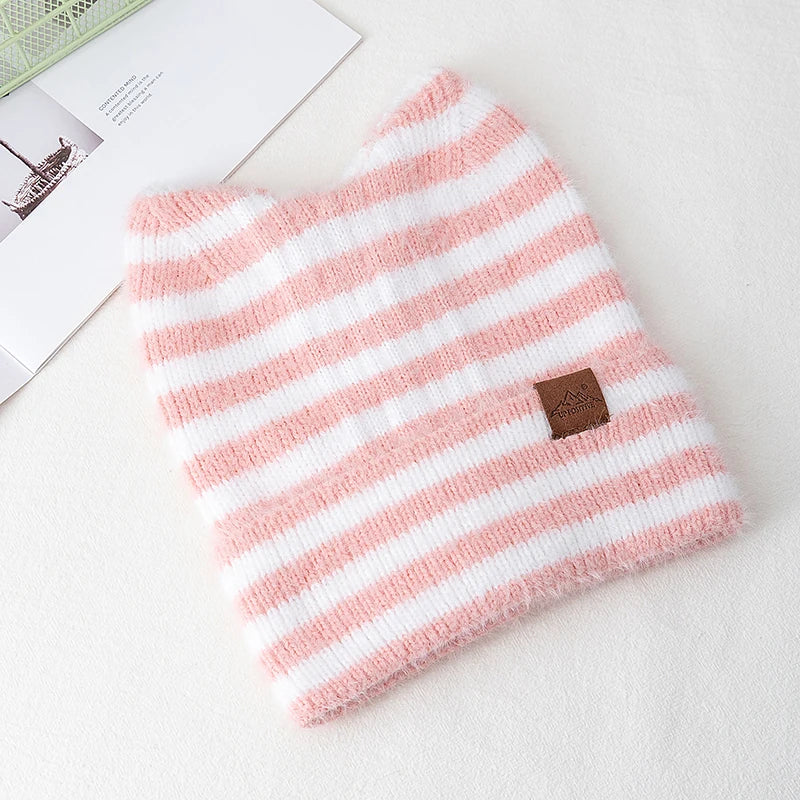 New Style Lovely Hat Cat Ear Beanie Cap Winter Hats For Women Y2K All Stripes Fashion Outdoor Warm Hat Beanie Warm Cap For Girl