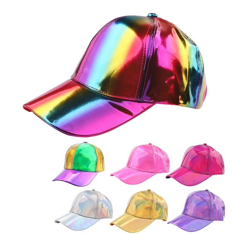 Unisex PU Rainbow Color-Changing Baseball Cap – Laser Hip Hop Snapback Shiny Party Hat
