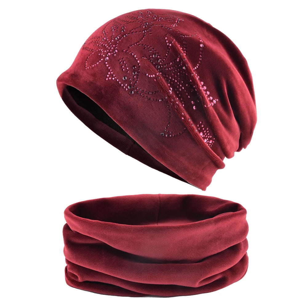 Women's Winter Double-Layer Flannel Knitted Beanie And Scarf Set Diamond Daffodil Pattern Hat Warm Windproof Cold Weather Bonnet