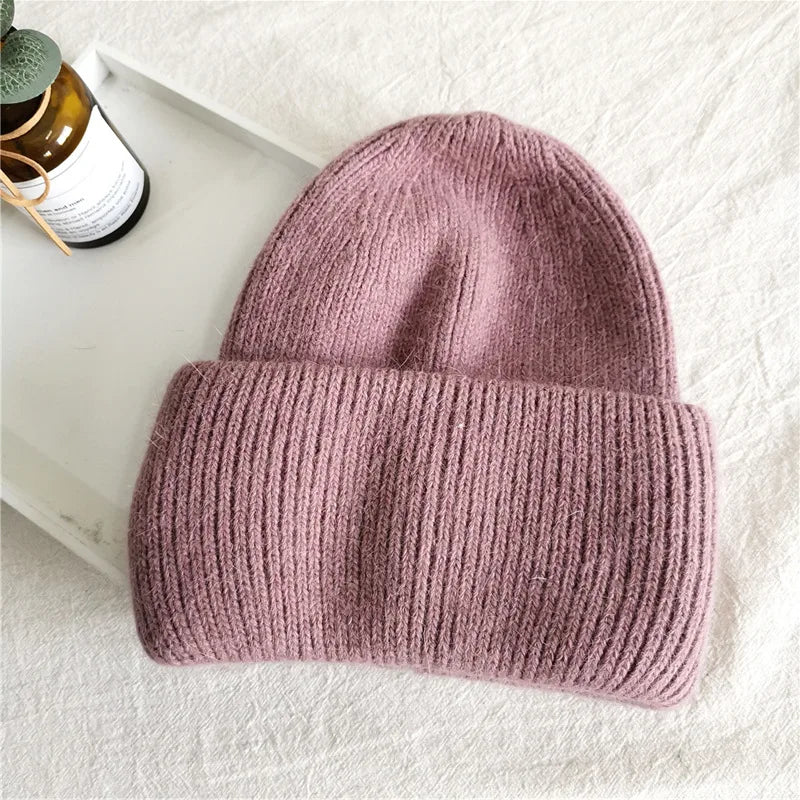 Fashion Warm Cashmere Wool Skullies Cap Angola Rabbit Fur Winter Knitted Beanies Women Female Ski Outdoor Solid Color Hats