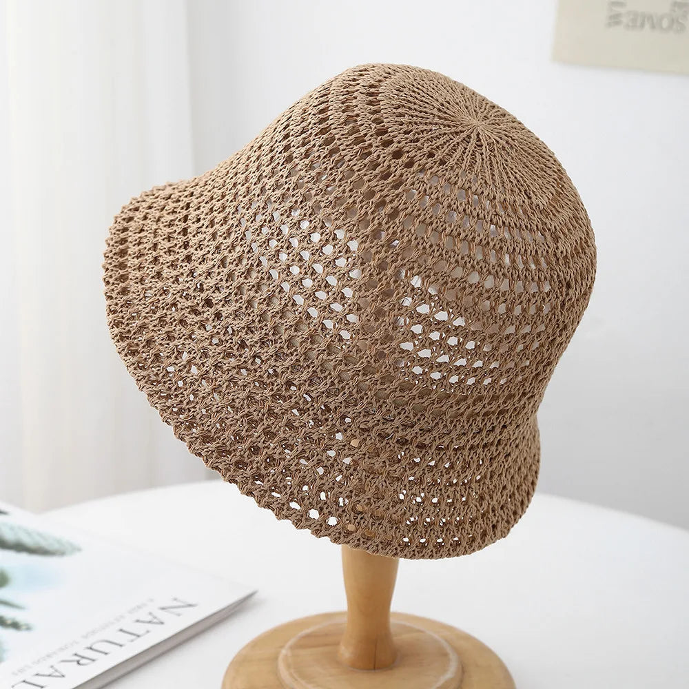 Spring Summer Knitted Bucket Hat for Women Foldable Sun Hat Breathable Beach Cap Outdoor Travel Casual Chic 2025 New Sunhat