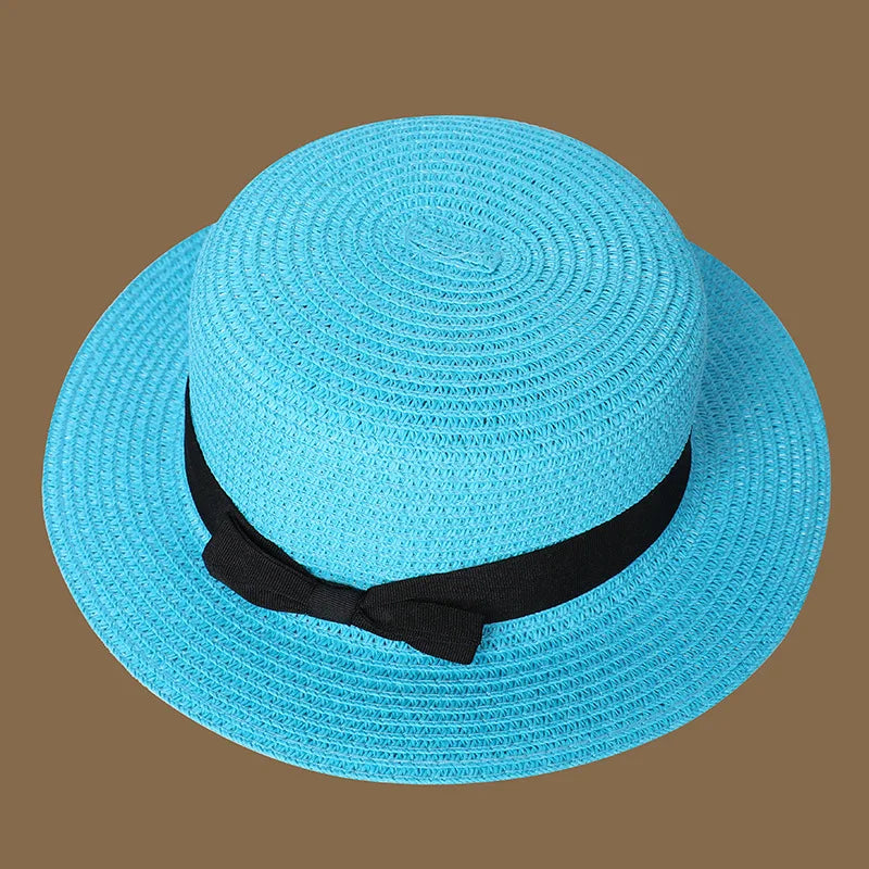 Spring and Summer New Straw Knitted Bow Straw Hat Korean  Fashion and Leisure Foldable Beach Flat Top Short Eaf Straw Hat