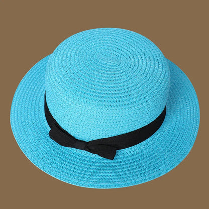 Spring and Summer New Straw Knitted Bow Straw Hat Korean  Fashion and Leisure Foldable Beach Flat Top Short Eaf Straw Hat