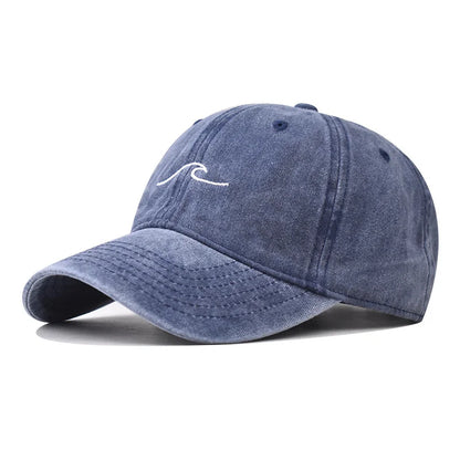 Unisex Washed Cotton Baseball Cap – Wave Embroidery Vintage Dad Hat Snapback