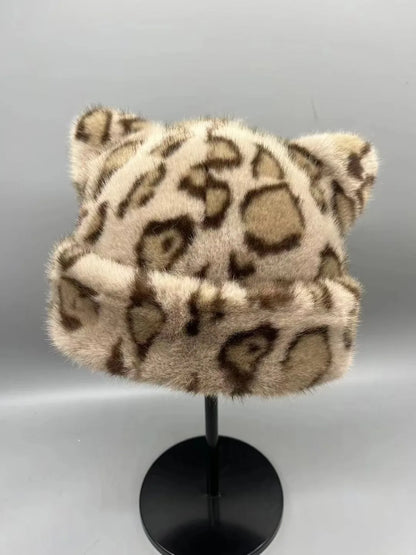 Korean Winter Imitation Fur Bucket Hat For Women Fashion Leopard Print Fisherman Hats Thichen Warm Plush Outdoor Cute Basin Cap