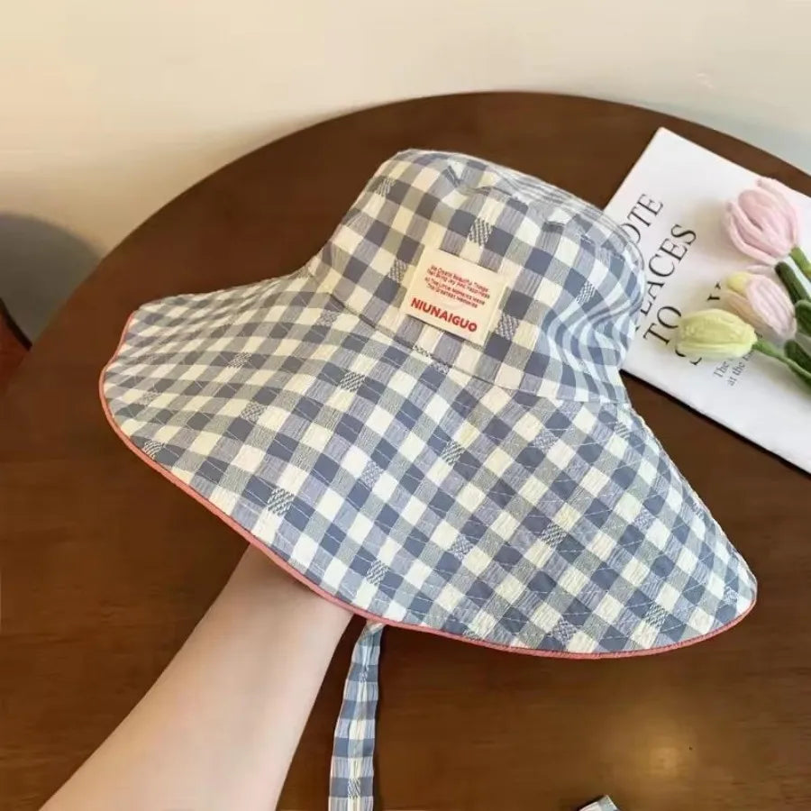 Korean Version Stripe Wide Edge Strap Bucket Hat Sunscreen Hat Women's Basin Hats Summer Big Brim Showing Face Small Sun Hats
