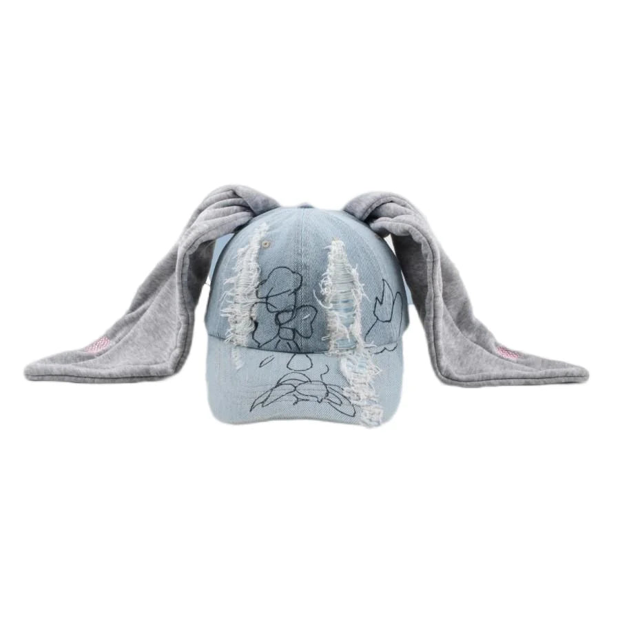 Korean Fashion Baseball Cap For Punk Ripped Retro Denim Jeans Graffiti Cool Long Rabbit Ear Street Hip Hop Sun Hats Visors