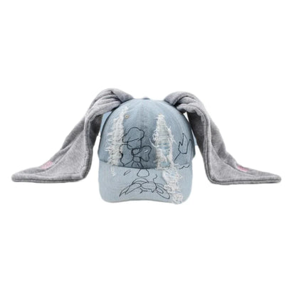 Korean Fashion Baseball Cap For Punk Ripped Retro Denim Jeans Graffiti Cool Long Rabbit Ear Street Hip Hop Sun Hats Visors