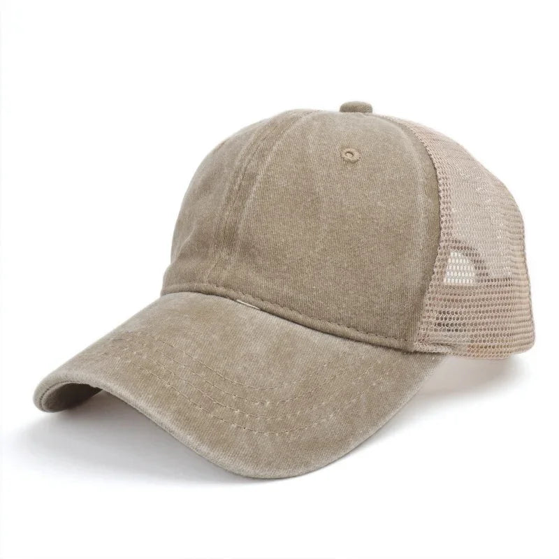 Unisex Washed Cotton Baseball Cap – Vintage Solid Color Adjustable Mesh Trucker Streetwear Summer Outdoor Hat
