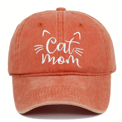 Ladies Embroidered Cat Mom Baseball Cap, Wash Cotton Adjustable Sunscreen Hat,Cartoon Theme, Birthday Gift, Outdoor Spire Caps