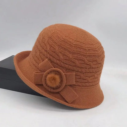 Woolen Bucket Hat Women's Autumn and Winter Bow Korean Version Versatile Japanese Dome Basin Hat British Retro Top Hat Tide