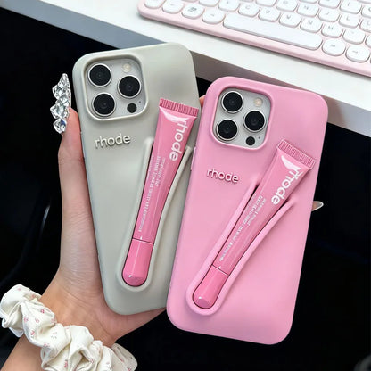 Rhode Lip Gloss iPhone Case – Silicone Makeup Phone Cover with Lipstick Holder