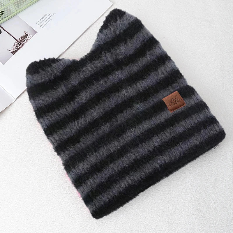 New Style Lovely Hat Cat Ear Beanie Cap Winter Hats For Women Y2K All Stripes Fashion Outdoor Warm Hat Beanie Warm Cap For Girl