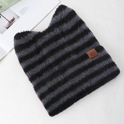 New Style Lovely Hat Cat Ear Beanie Cap Winter Hats For Women Y2K All Stripes Fashion Outdoor Warm Hat Beanie Warm Cap For Girl