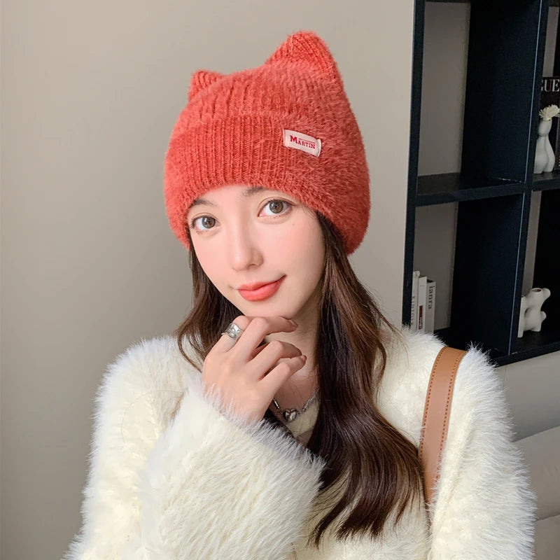 New Women Cute Cat Ear Earflap Winter Hat Fashion Faux Fur Knitted Hat Kpop Style Soft Beanie Hats Candy Female Streetwear Cap