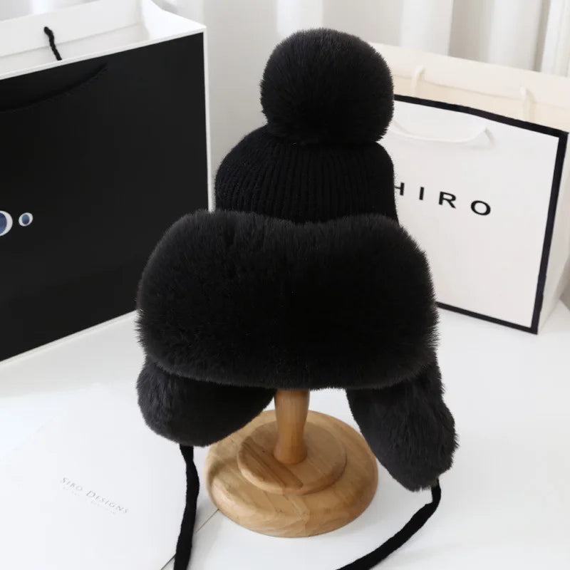 Fashion Lei Feng Hat For Women Autumn And Winter Trapper Earflap Ski Cap Female Thick Warm Beanie Hat Fur Pompom Russain Hat