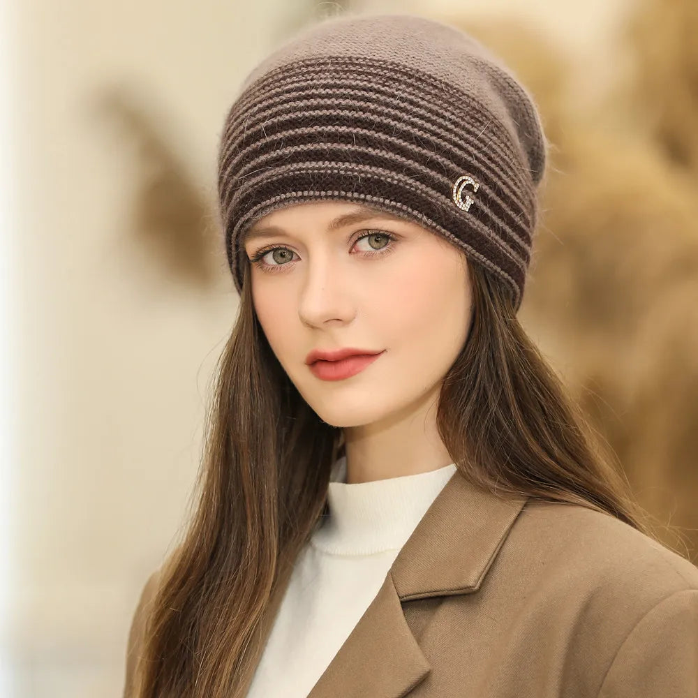 New Women Winter Hat Rabbit Fur Blend Warm Beanie Hat For Female Casual Streetwear G Letter Knitted Hat