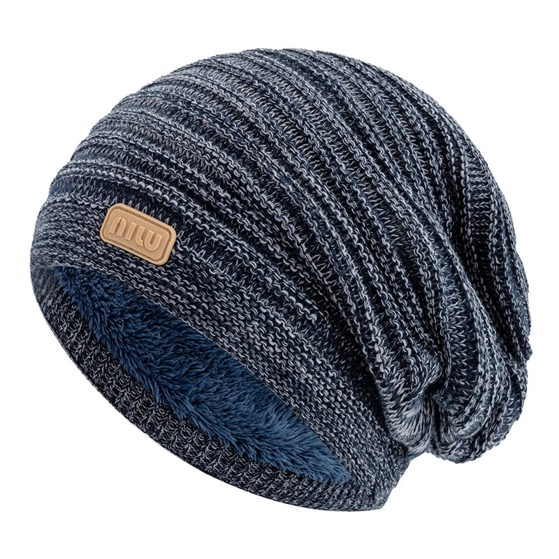 New Style Unisex Slouchy Winter Hats Men Women Striped Mix Warm Beanie Cap NIU Label Decor Plush Fur Lined Winter Knitted Hat