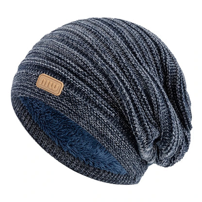 New Style Unisex Slouchy Winter Hats Men Women Striped Mix Warm Beanie Cap NIU Label Decor Plush Fur Lined Winter Knitted Hat