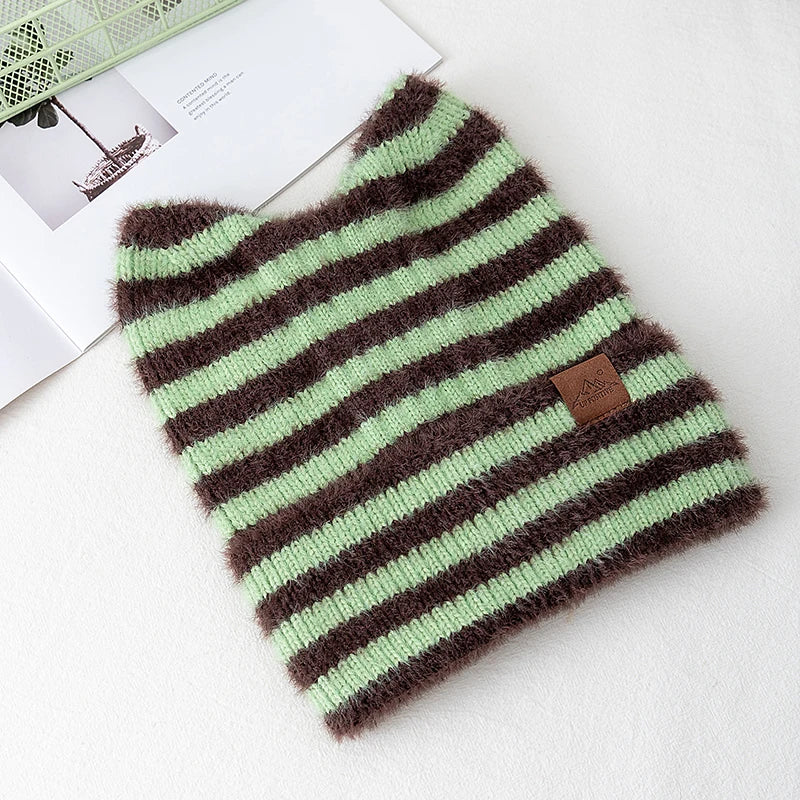 New Style Lovely Hat Cat Ear Beanie Cap Winter Hats For Women Y2K All Stripes Fashion Outdoor Warm Hat Beanie Warm Cap For Girl