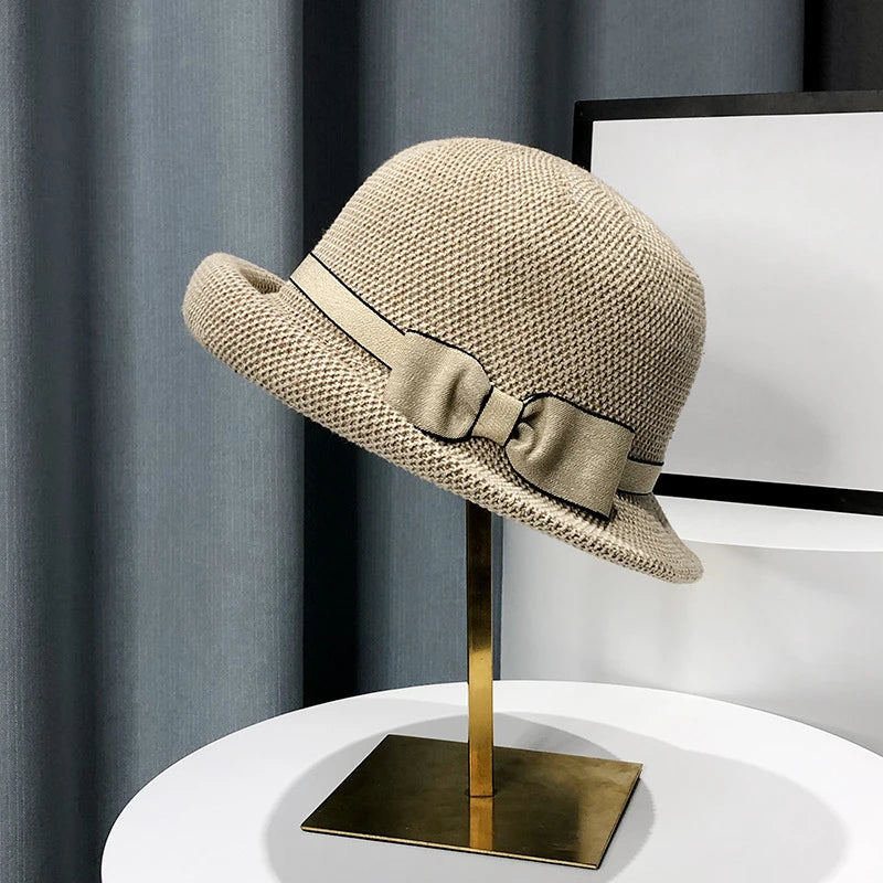 Bow Curling Hat Female Summer Sunshade Fisherman Hat Japanese Travel Breathable Sun Bucket Hat Grace Wedding Party Hat For Women
